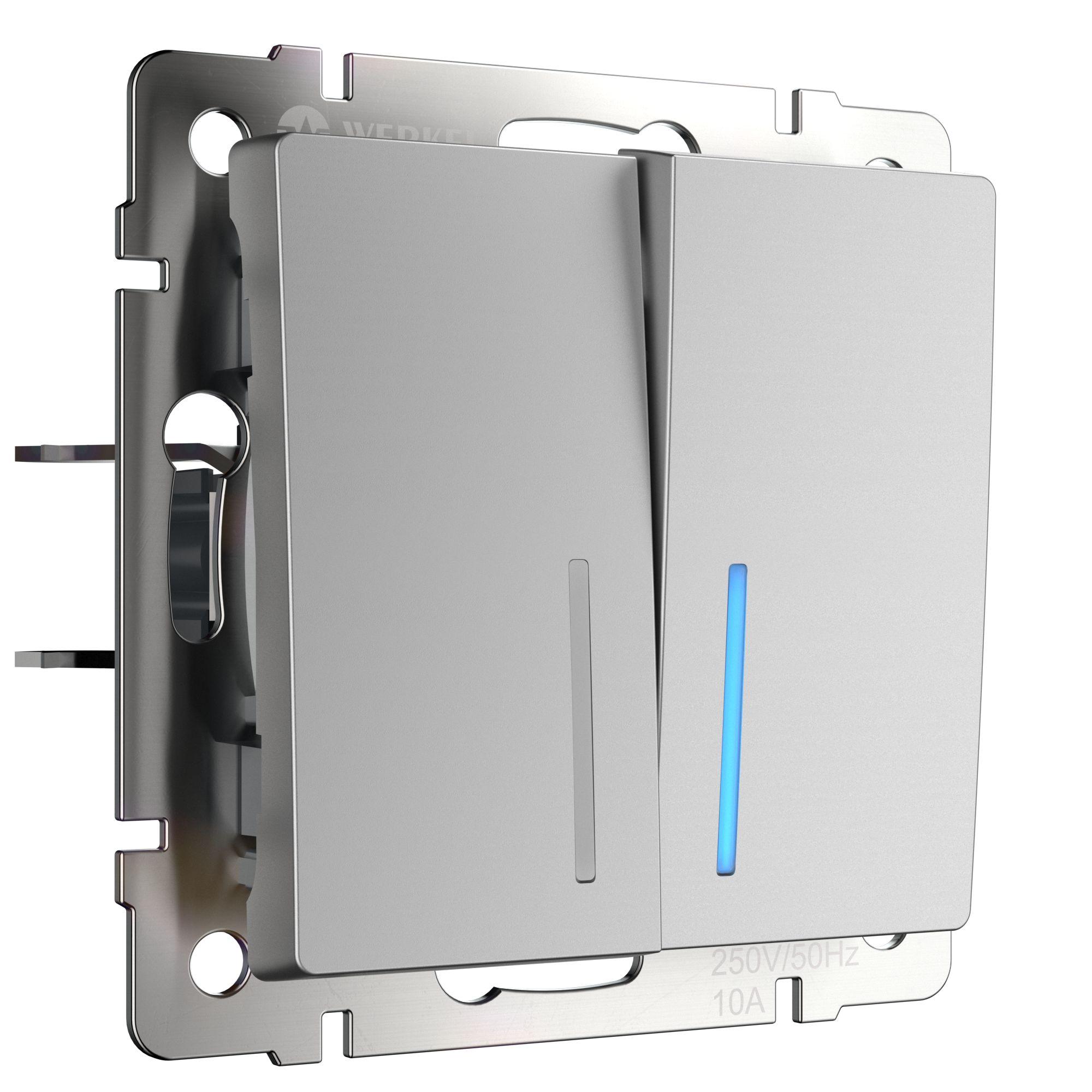 Выключатель двухклавишный с подсветкой серебряный Werkel W1120106