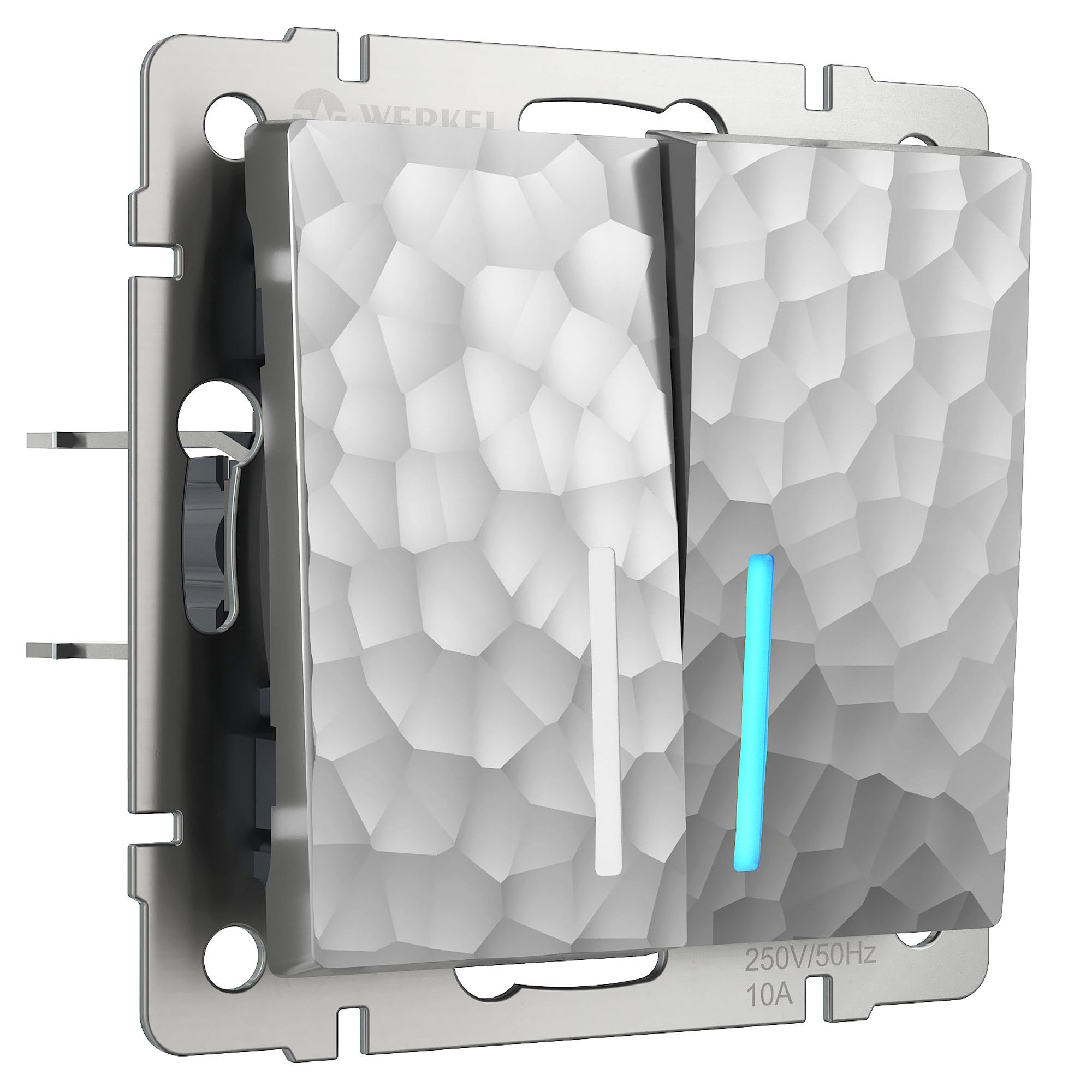 Выключатель двухклавишный с подсветкой серебряный Werkel W1220106