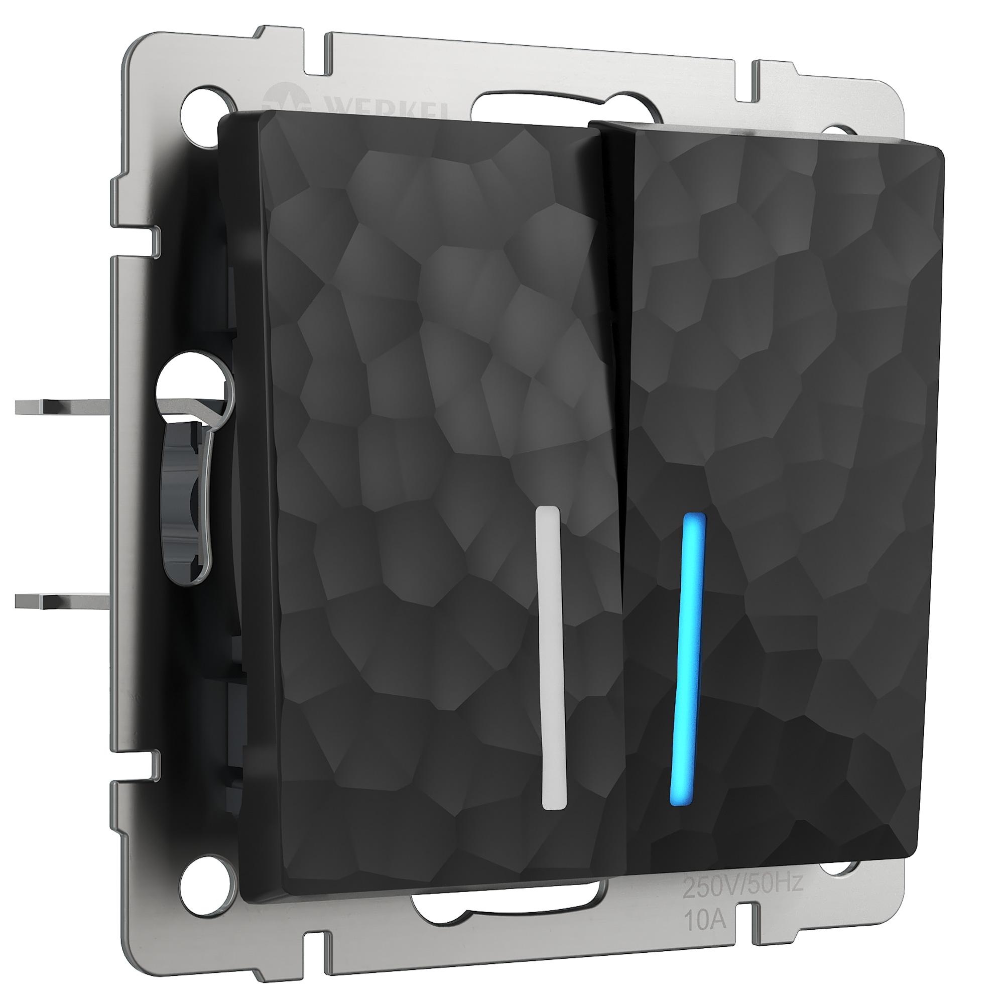 Выключатель двухклавишный проходной с подсветкой черный Werkel W1222108